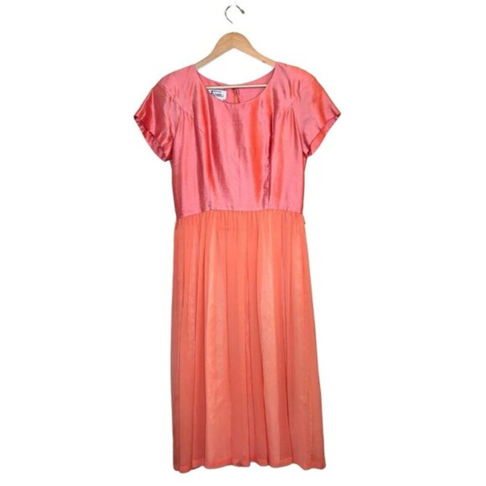 Vintage ICINOO 100% Silk Dress Size 12 Pink‎ Coral Shantung Chiffon Retro Midi